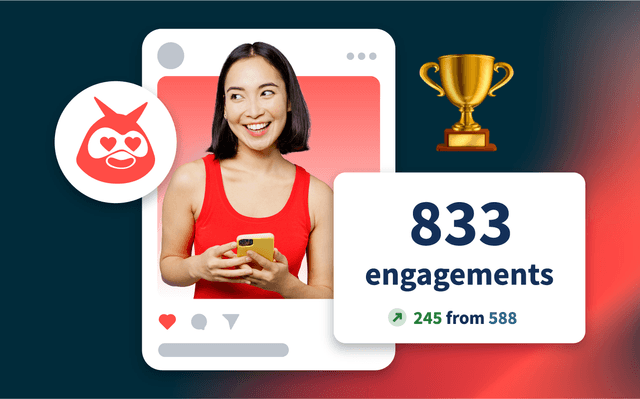 Social media post showing 833 engagements with a trophy icon, featuring a smiling woman in red using a smartphone