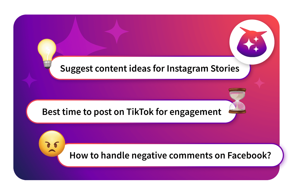 Social media search interface showing three questions about Instagram Stories, TikTok posting times, and Facebook comment management